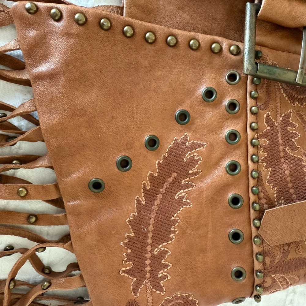 Haute Hippie Brown Leather Fringe Studded Waist Belt - Picture 2 of 6